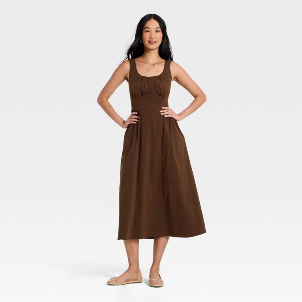 Women's Corset Smock Midi Dress - Brown S
